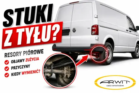 Biały bus z napisem "STUKI Z TYŁU?". Widoczne resory piórowe, objawy zużycia, przyczyny i kiedy wymienić. Logo ARWIT.