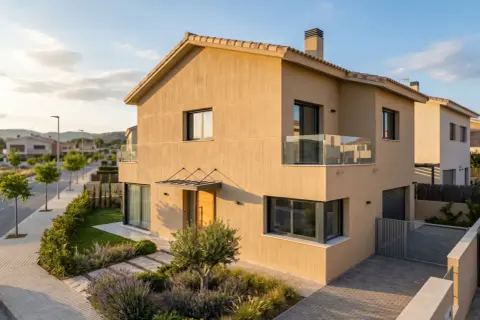 Fachadas de casas monocapa en tonos tierra, con jardín frontal y entrada de madera.