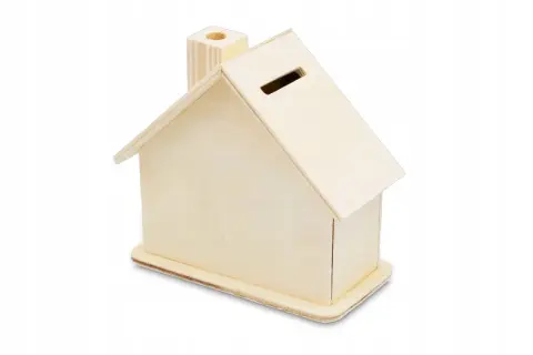Caja de madera sin pintar con forma de casa, ideal para proyectos de bricolaje en madera. Tiene una ranura en el tejado para monedas y una chimenea.
