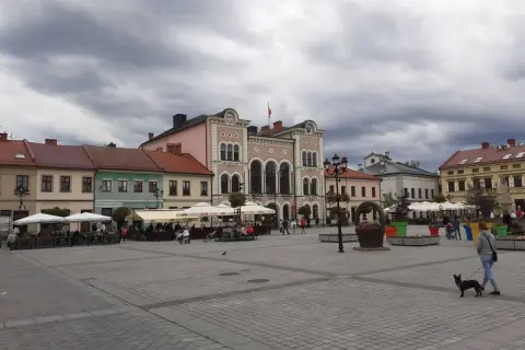 Spacer po żywiec rynek z psem. W tle kamienice i kawiarniane ogródki.