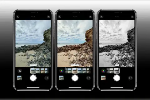 Zobacz, jak włączyć filtry w iPhone, porównując oryginalne zdjęcie z wersjami "Vivid Warm" i "Noir". Wybierz najlepszy efekt dla swojej fotografii.