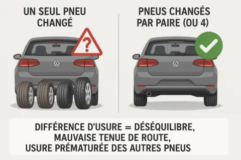 Illustration montrant qu'il ne faut pas changer un seul pneu. Le changement par paire (ou 4) assure l'équilibre et la sécurité.