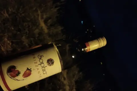 Butelka wina Sophia Frizzante z truskawkami na etykiecie, leżąca na ciemnym tle.