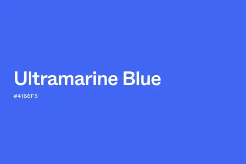 The color ultramarine blue is a vibrant, deep blue, as shown on this screen with the text "Ultramarine Blue" and its hex code #4166F5.