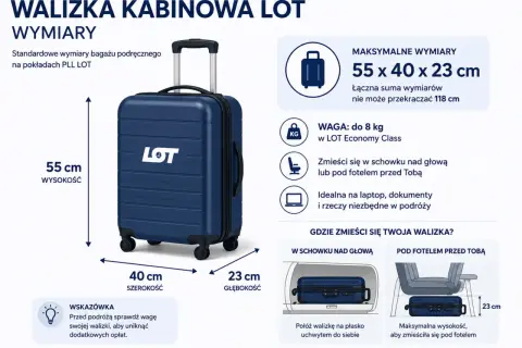 Walizka kabinowa LOT ma wymiary 55x40x23 cm i wagę do 8 kg. Idealna na podróż, zmieści się w schowku lub pod fotelem.