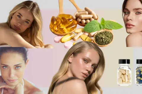 Mujeres con piel radiante junto a suplementos, incluyendo cápsulas y pastillas, sugiriendo beneficios para la piel, como el magnesio para la piel.