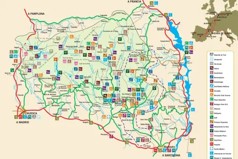 Carte de la Sierra de Guara : randonnées, barranquismo, via ferrata, musées et points d'intérêt.