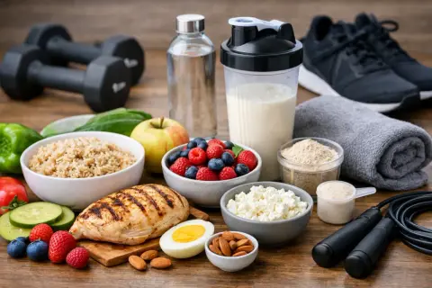 Repas équilibrés pour manger avant ou après le sport le soir : poulet grillé, riz, fruits, fromage blanc, œufs, noix, et shaker protéiné.