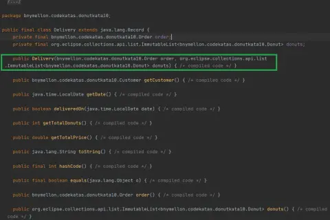 Code Java montrant une classe `Delivery` qui `extends java.lang.Record`, gérant une commande et une liste de donuts.