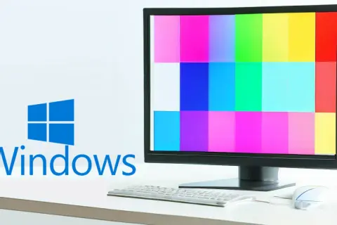 Monitor z kolorowymi pasami, logo Windows i klawiatura.
