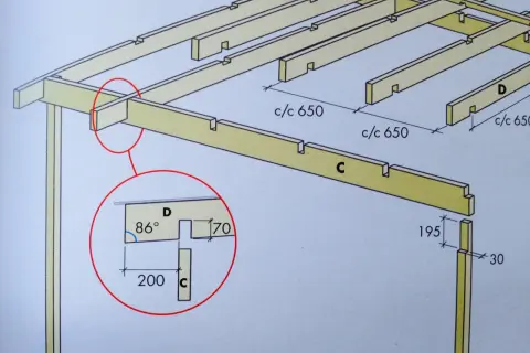 Detaljerad ritning av en takstol med hammarband. Visar mått och vinklar för träkonstruktionen.