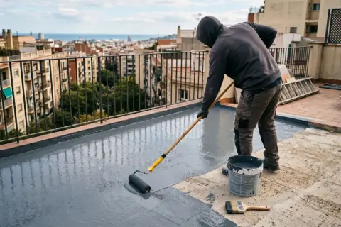 Hombre aplicando impermeabilizante a rodillo en terraza de 100 metros, con vistas a la ciudad y al mar.