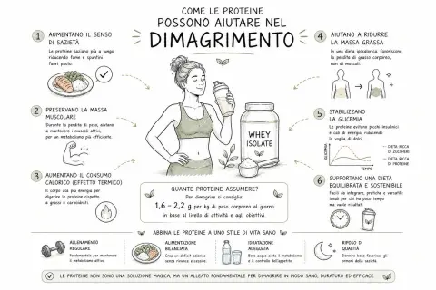 Le proteine aiutano nel dimagrimento: aumentano sazietà, preservano massa muscolare e stabilizzano la glicemia. Gli aminoacidi sono fondamentali.