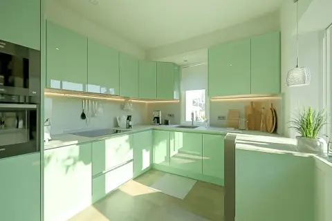 Moderne Küche in mint Farbe mit integrierten Geräten, Spüle und viel Stauraum. Helle Holzfußböden und ein großes Fenster lassen viel Licht herein.