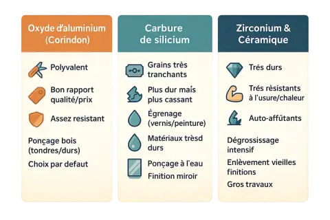 Comparaison des grains abrasifs : oxyde d'aluminium (polyvalent, idéal pour quel grain pour poncer bois), carbure de silicium (très tranchant) et zirconium/céramique (très dur).