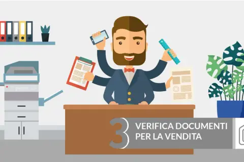 Uomo multitasche con documenti e smartphone, pronto per il fondo servente. Verifica documenti per la vendita.