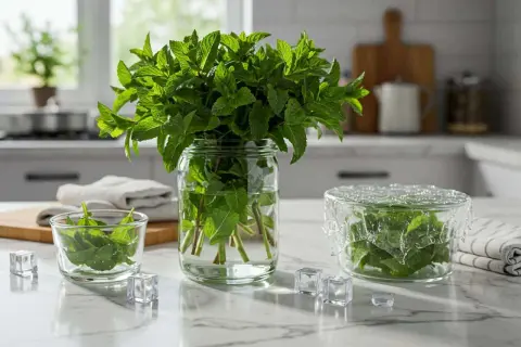 Des bouquets de menthe fraîche dans des bocaux en verre, prêts à être utilisés. Idéal pour savoir que faire avec de la menthe fraîche.