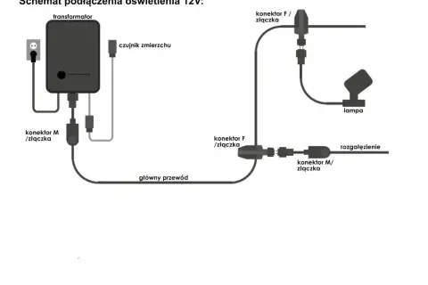 Schemat podłączenia oświetlenia 12V: transformator, czujnik zmierzchu, lampa i rozgałęzienie połączone przewodami. Montaż lamp ogrodowych jest prosty.