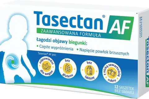 Opakowanie Tasectan AF, 12 saszetek bez smaku, łagodzi objawy biegunki, jest odpowiedni dla wegan, bez glutenu i laktozy.