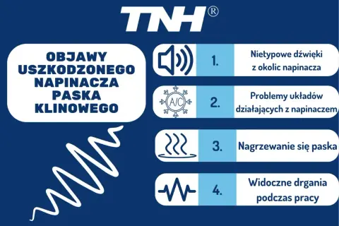 Objawy uszkodzonego napinacza paska klinowego: nietypowe dźwięki, problemy układów, nagrzewanie się paska, drgania.