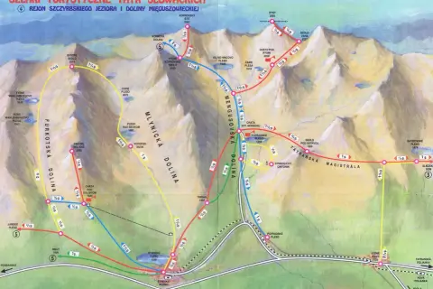Mapa turystyczna Tatr Słowackich: szlaki w rejonie Szczyrbskiego Jeziora i Doliny Mięguszowieckiej.