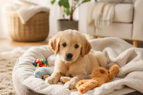 Adorable cachorro dorado descansa en su cama con juguetes. Ideal para quienes buscan perros hipoalergénicos.