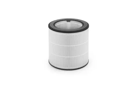Cylindryczny filtr nanoprotect hepa z białym, plisowanym wkładem i czarną ramką.