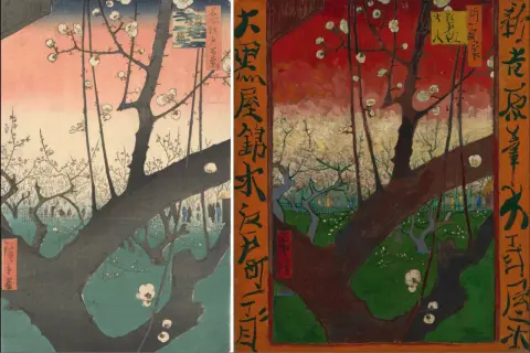 Van Gogh interpretierte ein japanisches Holzschnitt-Motiv mit blühenden Bäumen. Die leuchtenden Farben und die dynamische Pinselführung zeigen seine Bewunderung für Japan.