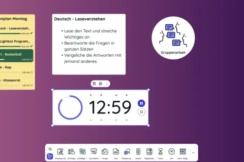 Classroomscreen Deutsch: Stundenplan mit Deutsch-Aufgaben, Timer und Gruppenarbeit-Symbol.