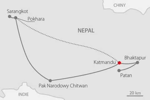 Mapa pokazuje, gdzie jest Nepal, z zaznaczonymi miastami: Sarangkot, Pokhara, Katmandu, Bhaktapur, Patan i Park Narodowy Chitwan.