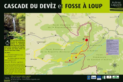 Carte des sentiers de randonnée de la cascade du Devèz et de la Fosse à Loup. Deux circuits pour découvrir la beauté de l'Aubrac.