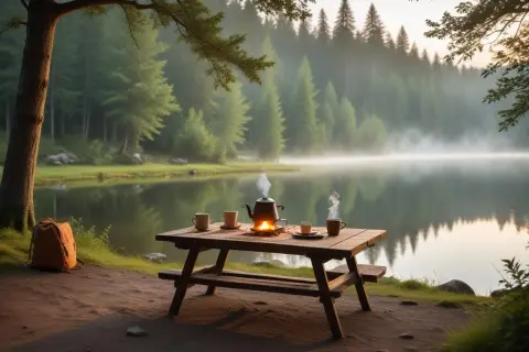 En idyllisk morgon vid en sjö. En picknickbänk med kaffepanna och muggar, redo för en härlig kaffe vandring.