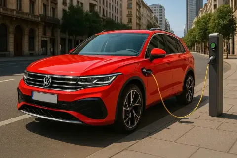 Un'auto rossa ibrida plug-in in carica, che mostra come funziona ibrido plug in.