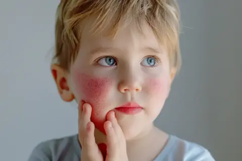 Chłopiec z niebieskimi oczami i blond włosami, z widocznymi, rumianymi policzkami. Dotyka palcami swojej twarzy.