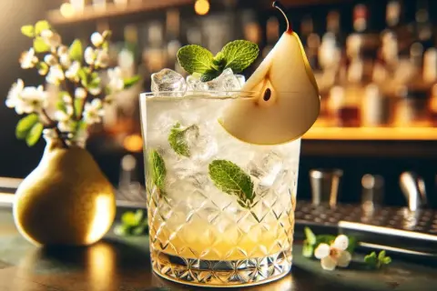 Orzeźwiający absolut gruszkowy drink z plasterkiem gruszki i miętą, ozdobiony kwiatami, na tle baru.