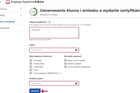 Formularz wniosku o certyfikat KSeF: nazwa, hasło i powtórzone hasło.