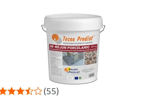 Balde blanco de mortero sin retracción M-REJUN PORCELANIC 21 Kg de Tecno Prodist, ideal para juntas de ladrillo y piedra.