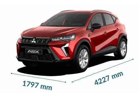 Czerwony Mitsubishi ASX, z wymiarami 1797 mm szerokości i 4227 mm długości, prezentuje nowoczesny design.