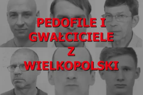 Zbiór twarzy mężczyzn z Wielkopolski. Napis głosi "PEDOFIL I GWAŁCICIELE Z WIELKOPOLSKI".