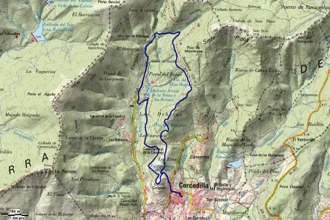 Ruta de senderismo en Cercedilla, con el camino del agua marcado en azul.
