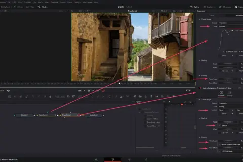 DaVinci Resolve nodes showing custom animation curves for free DaVinci Resolve transitions, with scaling and timing adjustments.