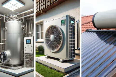 Moderne Heizung für Ihr Haus: Wärmepumpe, Solarthermie und ein großer Warmwasserspeicher sorgen für Effizienz.