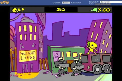 A yellow alien with a ray gun stands on a bus, facing armed men. This scene is from a game, possibly demonstrating how to make a .swf file.