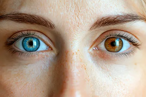 Oczy z heterochromią centralną: jedno błękitne, drugie brązowe, otoczone piegami.