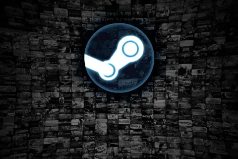 Niebieskie logo Steam na tle mozaiki okładek gier.