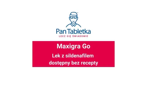 Logo "Pan Tabletka" i czerwony prostokąt z napisem "Maxigra Go Lek z sildenafilę dostępny bez recepty".