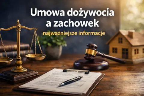 Waga sprawiedliwości, młotek sędziowski i dokumenty. Umowa dożywocia i zachowek – kluczowe informacje dla spadkobierców.