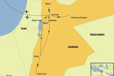 Reiseroute durch Jordanien: Amman, Wüstenschlösser, Totes Meer, Madaba, Nebo, Petra, Wadi Rum. Flugrouten und Nachbarländer wie Israel und Saudi-Arabien sind markiert.