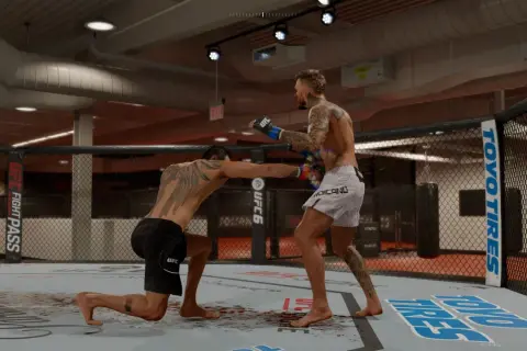 Two fighters in a UFC octagon. One fighter is on one knee, throwing a punch, showcasing advanced boxing combinations.