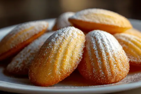 Goldbraune Madeleines, bestäubt mit Puderzucker, warten auf das perfekte Madeleines Rezept.